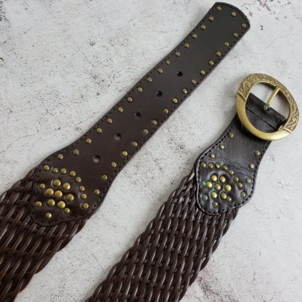 Vintage Bohemian Woven Braided Leather Wide Belt Brown size M